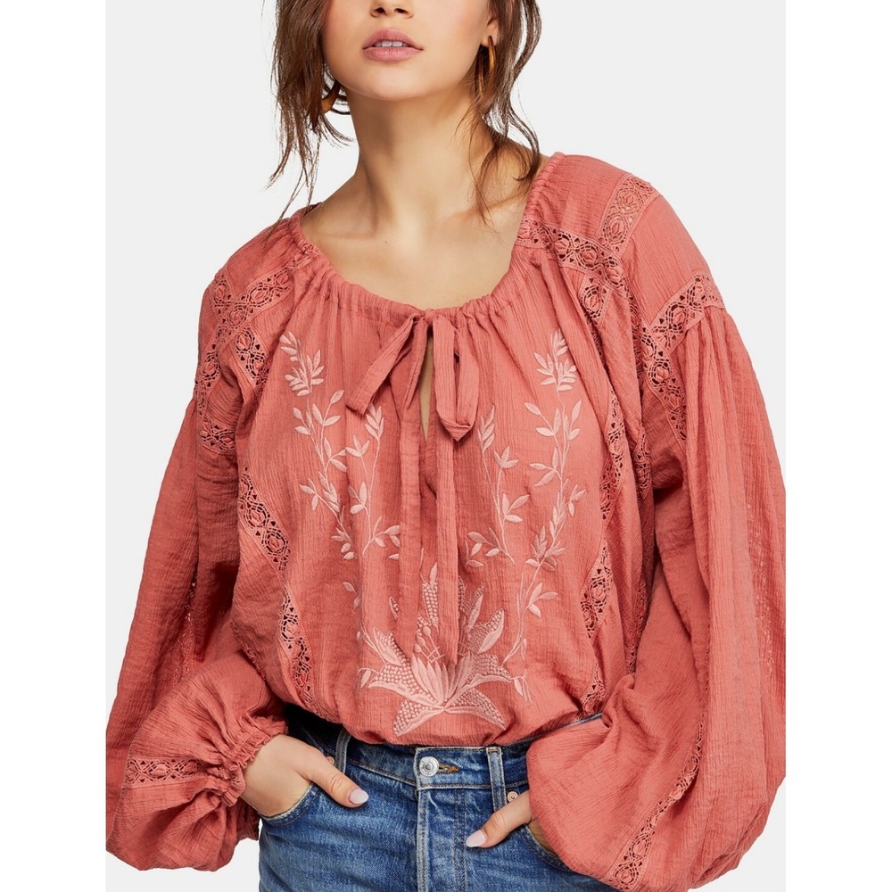 Free People Maria Maria Lace Embroidered Peasant Blouse S Terrocatta Oversized - Picture 1 of 11